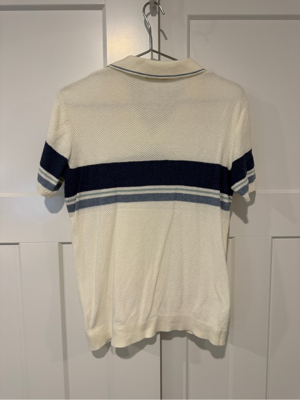 Marine Layer Johnny Collar White Polo Shirt with Navy Stripe - Picture 4 of 4